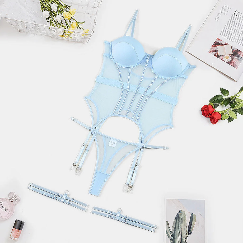 MUZISKAT Mesh  Lingerie Luxury Brand Bodysuit Backless Tops for Women 3 Piece Lingerie Set with Garter Sexydresses for Women