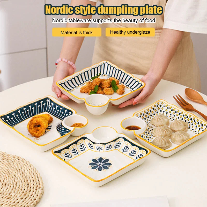 Dumpling Plate with Vinegar Dish Household Ceramic Plate Breakfast Compartment Plate High-Grade Dumpling