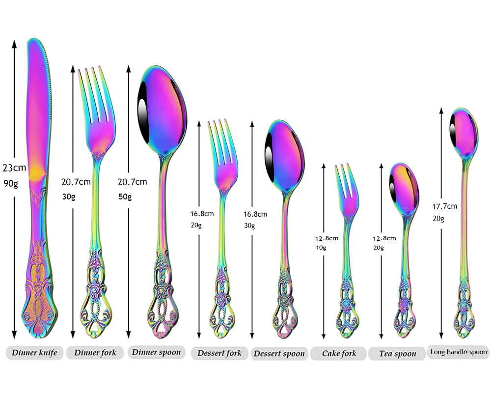 Stainless Steel Cutlery Set Knife Tea Fork Ice Cream Spoon Tableware Set Western Kitchen Flatware Rainbow Vintage Dinnerware Set