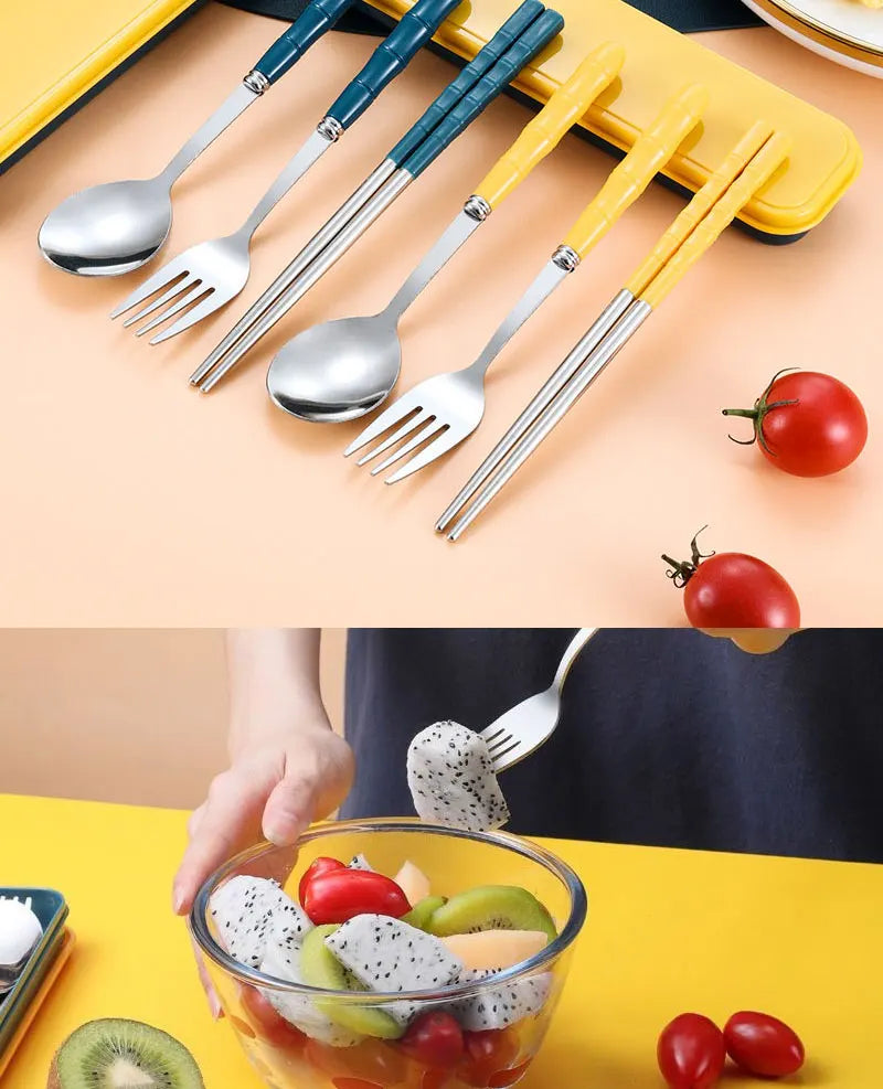 3pcs Portable Dinnerware Kit Spoon Fork Chopstick Set Travel Flatware With Box Set Stainless Steel Travelling Dinnerware Set
