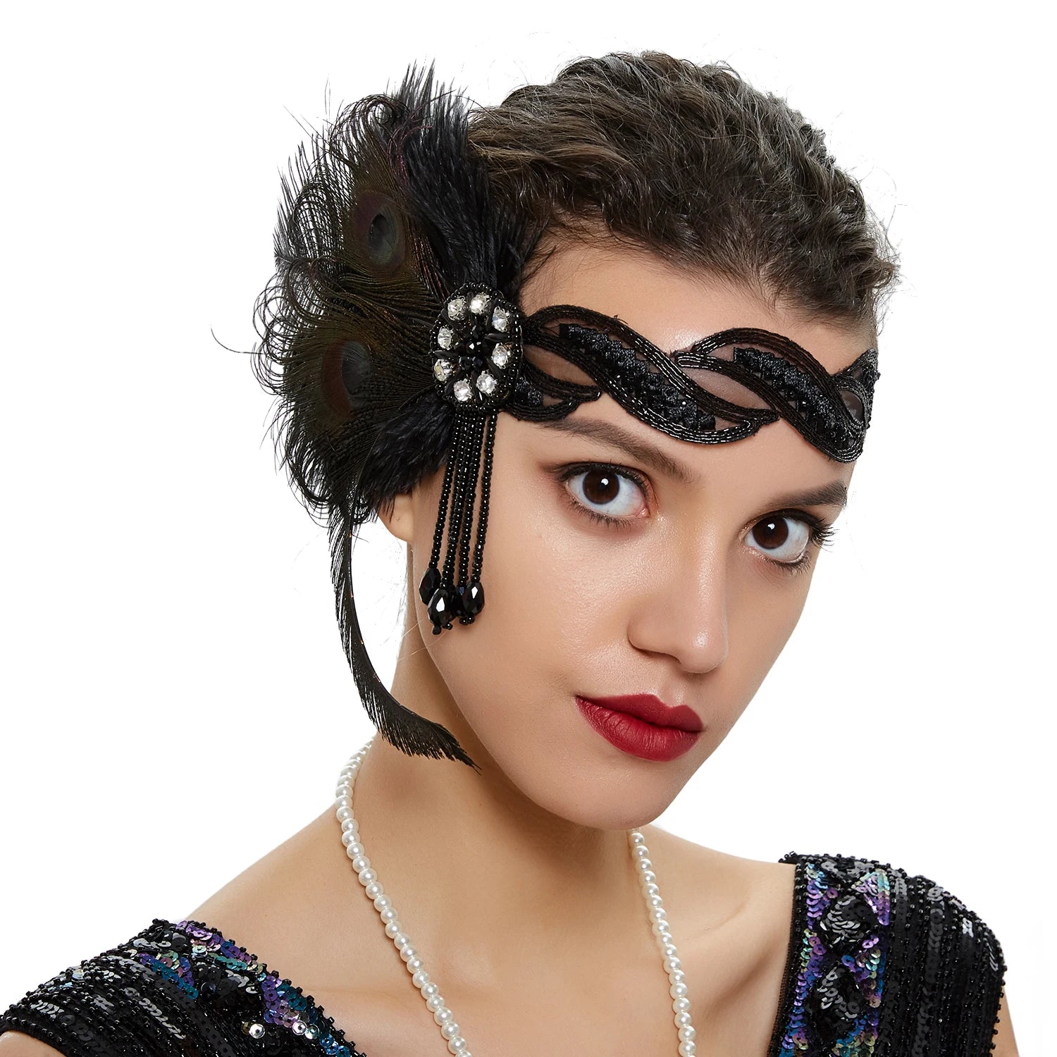 Hair Accessories For Women Girls Black Headband Rhinestone Sequin Vintage Party Headpiece Beaded Flapper Hair Feather Headband