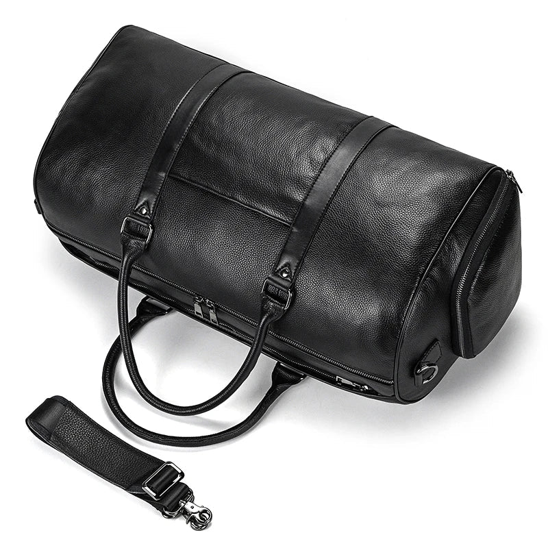 Big Capacity Genuine Leather Travel Bag For Men Women Soft Black Cowhide Casual Travel Duffel Large Luggage Weekend Shoulder Bag
