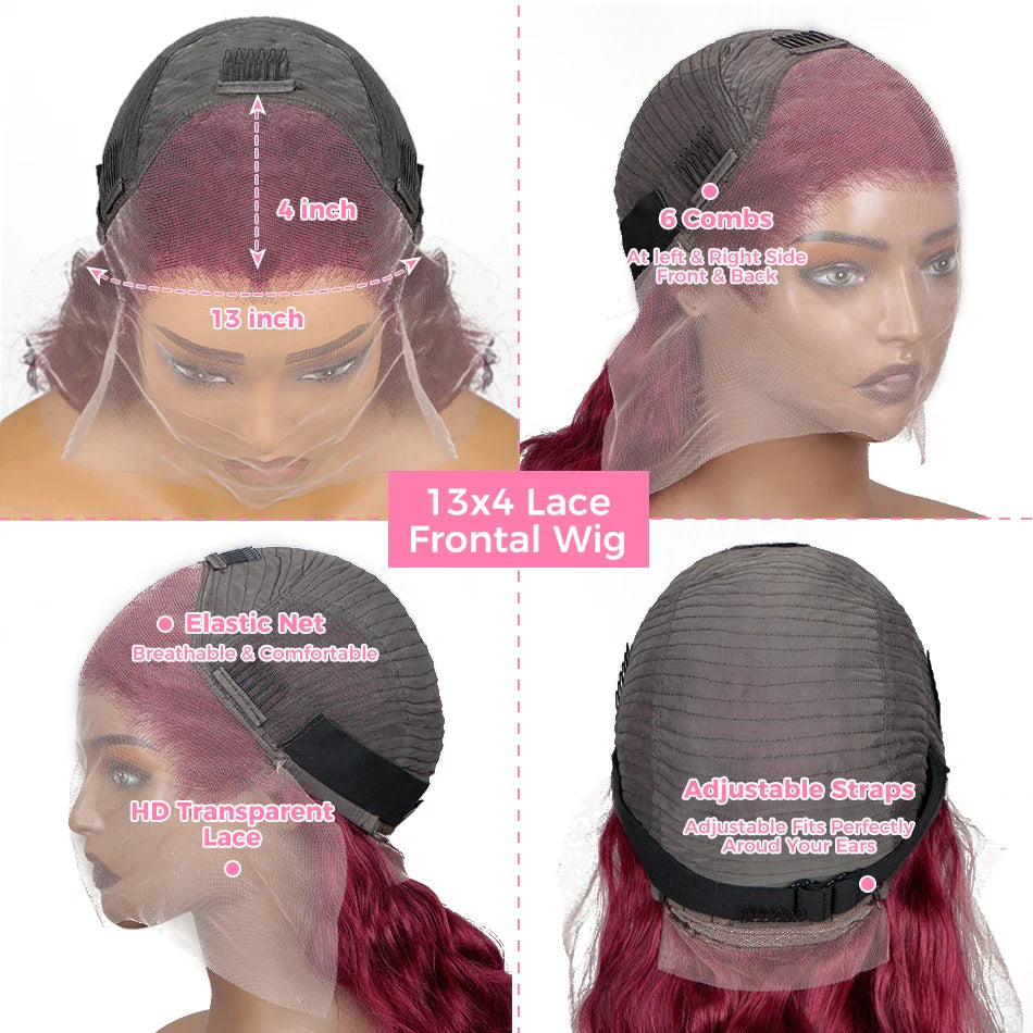 99J Burgundy Lace Front Human Hair Wig Body Wave Red Colored  Wigs Brazilian 13x4  Lace Frontal Wigs On Sale Clearance For Women