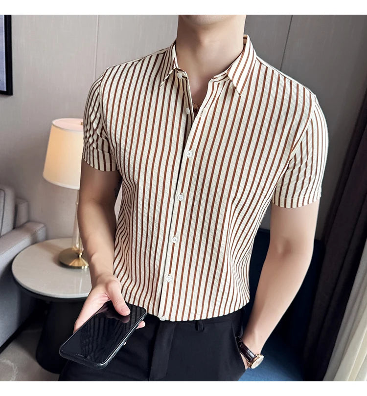 Men Striped Shirt 2026 Summer Light and Thin Breathable Sweat Absorbing Short Sleeved Slim Fit Casual Pleated Shirt Men Clothing