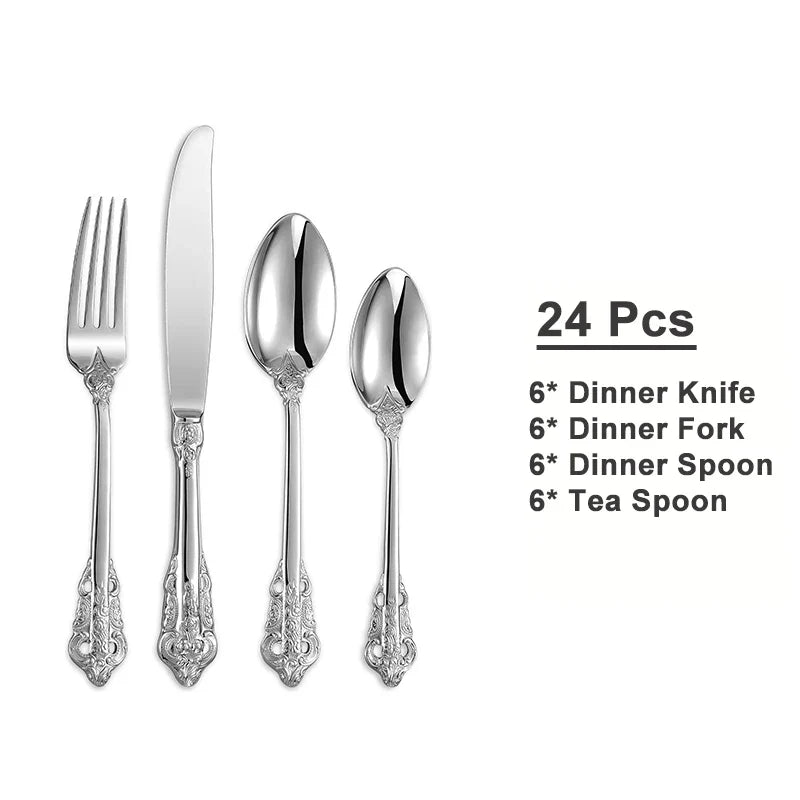 24/30pcs Vintage Cutlery Set Luxury Stainless Steel Flatware Set Forks Knive Spoons Tableware Set Kitchen Utensils
