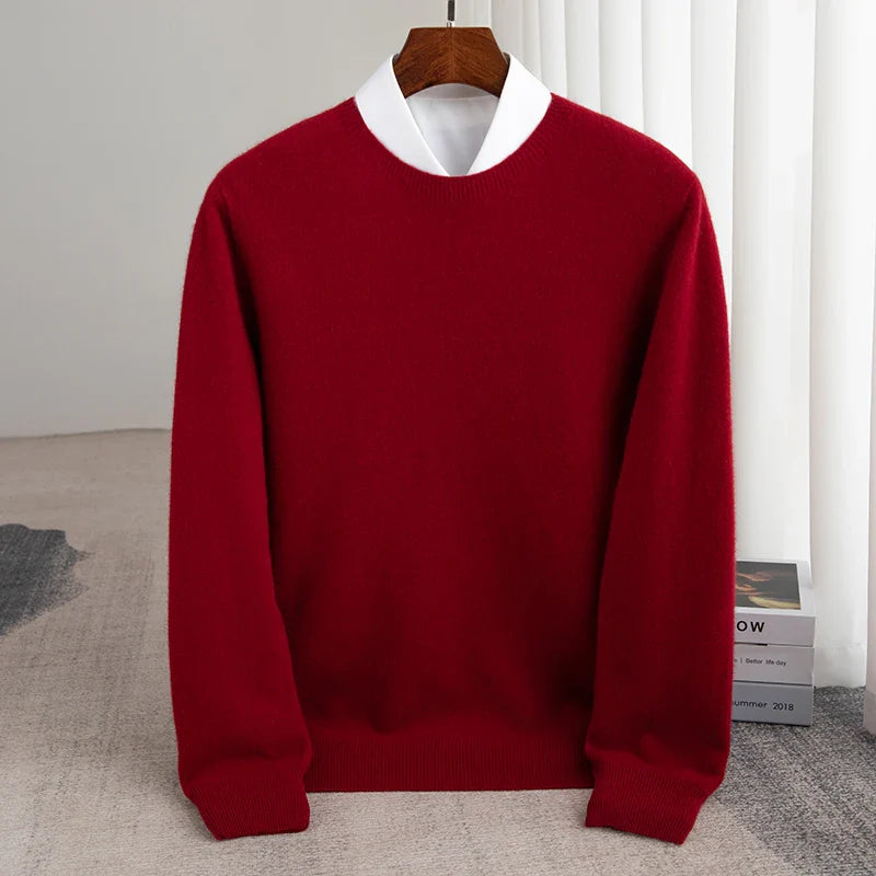 Autumn And Winter 100% Pure Wool Men's Thick Round Neck Slim-Fit  O-neck Pullover Long-Sleeved Knitted Cashmere Sweater