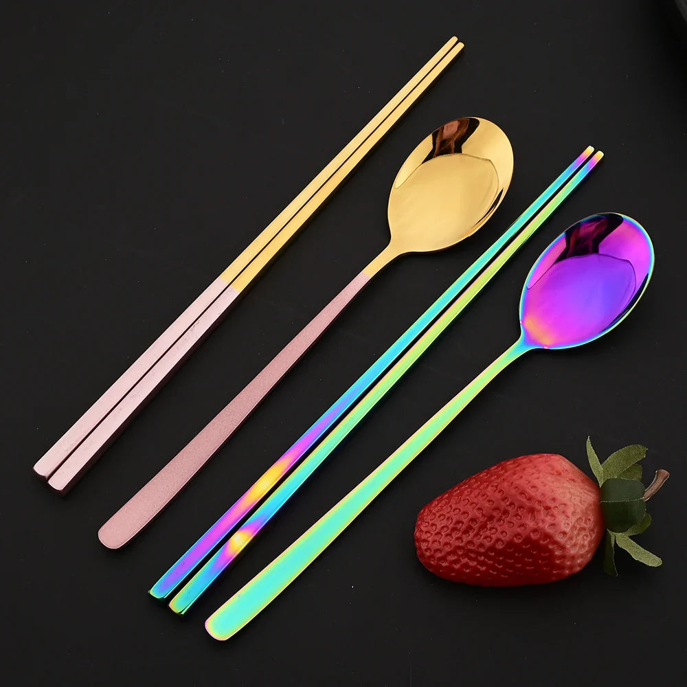 304 Stainless Steel Cutlery Set Sushi Sticks Dinner Spoons Set 10Pcs Dinnerware Korean Chopsticks Dessert Spoon Flatware Set