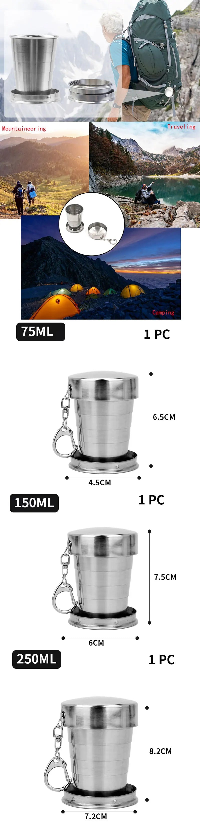 NEW 250ml Stainless Steel Retractable Cup Outdoor Travel Toiletry Cup Portable Creative Compression Cup Mini Handy Cup Folding Cup