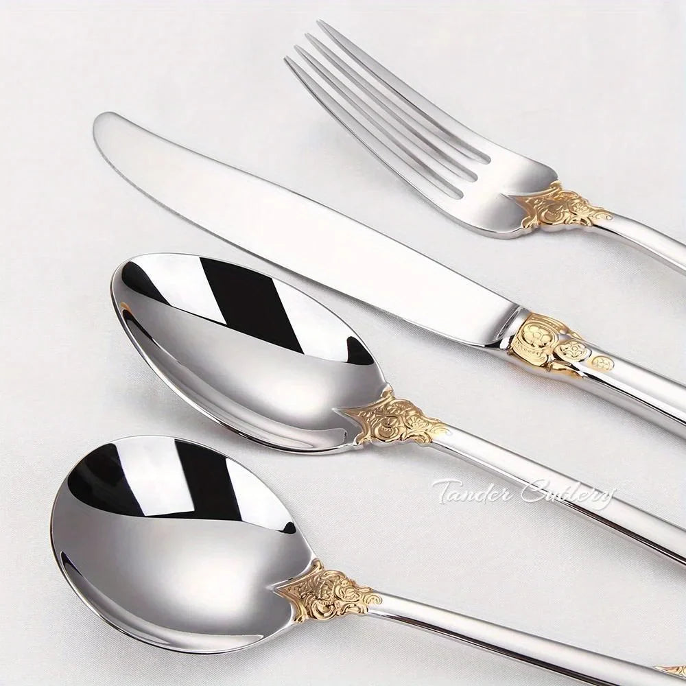 24/30pcs Vintage Cutlery Set Luxury Stainless Steel Flatware Set Forks Knive Spoons Tableware Set Kitchen Utensils