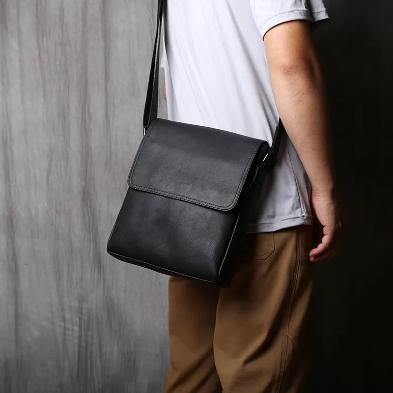 New NZPJ-Leather Shoulder Bag for Men, Natural Cowhide, Vertical Crossbody Bag, Casual, Large Capacity, Flip, Zipper, 10 ", iPad