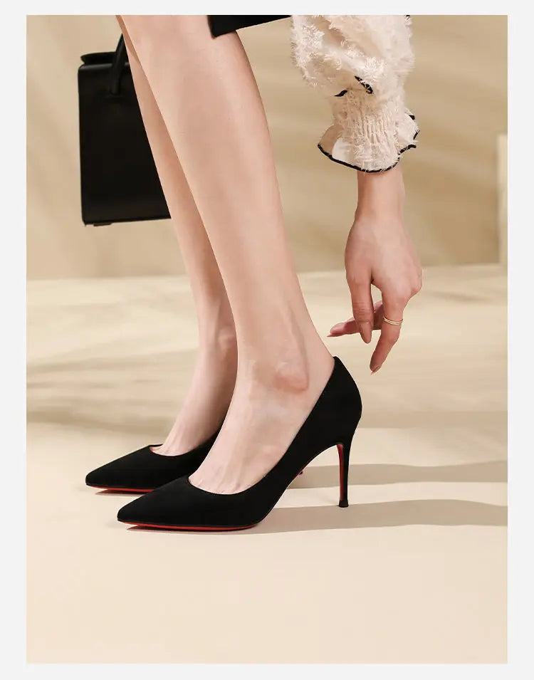 2022 Autumn New Women's High Heels Shoes Sexy Pointed Suede Red Shiny Bottom Pumps Fashionable Temperament Shallow Wedding Shoes