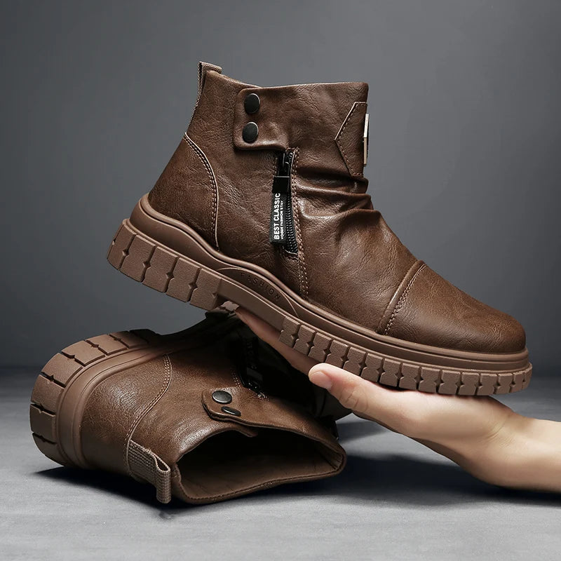 Fashion Mens Ankle Boots British Style High Top Casual Shoes Outdoor Walking Shoes Non-slip Work Boots Comfortable Leather Boots