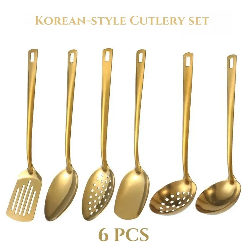 9pcs Stainless Steel Dinnerware Set Creative Korean Cutlery Golden Spoon Korean-style Chafing Dish Buffet Cutlery Set Spoon Set