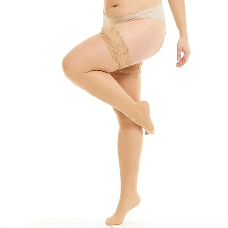 Lace Knee Thigh High Elastic Fishnet Stockings Sexy Transparent Thin Black Stocking White Plus Size Long Socks for Women Summer