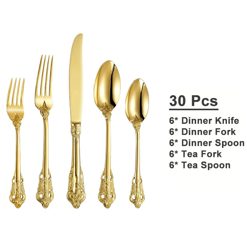 24/30pcs Vintage Cutlery Set Luxury Stainless Steel Flatware Set Forks Knive Spoons Tableware Set Kitchen Utensils