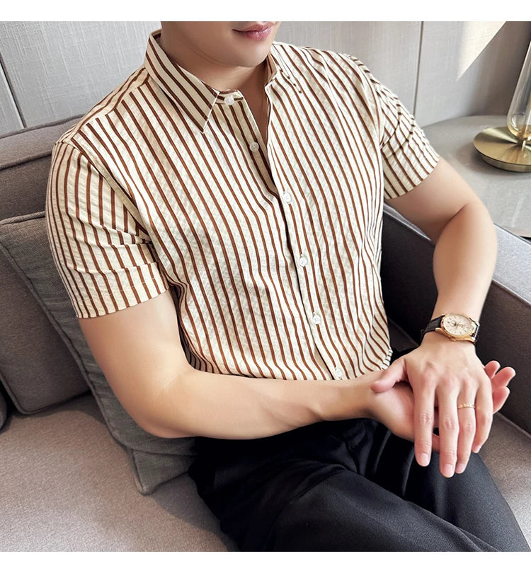 Men Striped Shirt 2026 Summer Light and Thin Breathable Sweat Absorbing Short Sleeved Slim Fit Casual Pleated Shirt Men Clothing