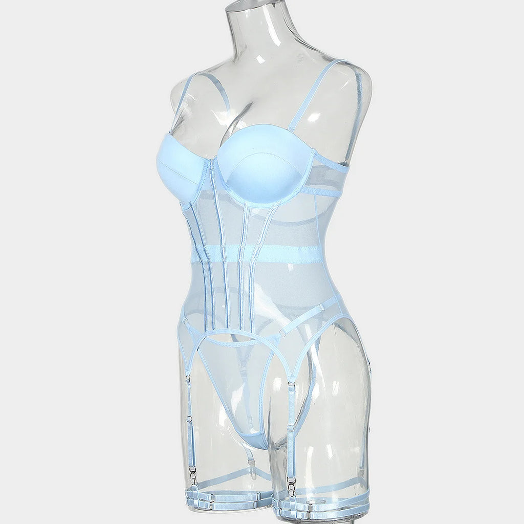 MUZISKAT Mesh  Lingerie Luxury Brand Bodysuit Backless Tops for Women 3 Piece Lingerie Set with Garter Sexydresses for Women