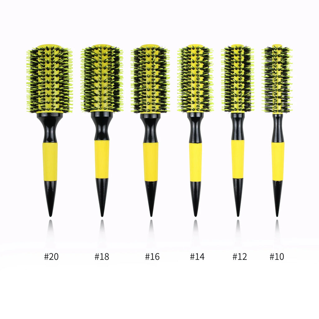 Professional  Round Wooden Hair Brush 6 Sizes Boar Bristle Mix Nylon Salon Women Hair Styling Tools Yellow Brazil Hair Curlerl