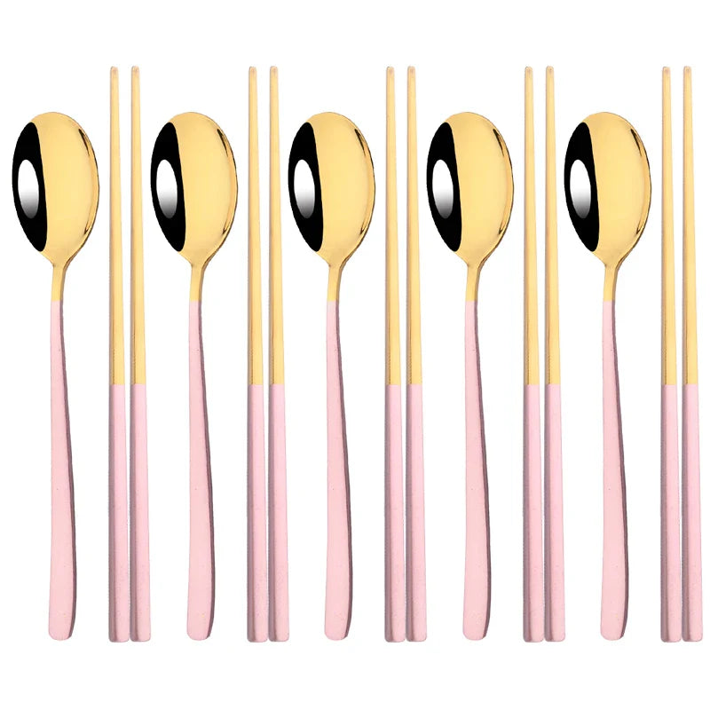 304 Stainless Steel Cutlery Set Sushi Sticks Dinner Spoons Set 10Pcs Dinnerware Korean Chopsticks Dessert Spoon Flatware Set