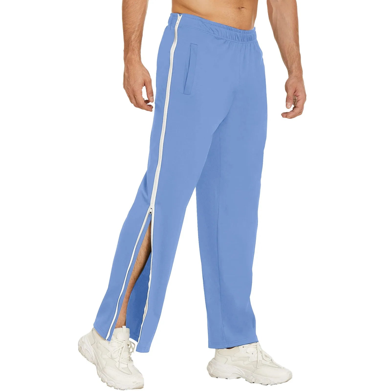 Men Sweatpants Elastic Waistband Pockets Splicing Color Mid-Rise Long Trousers Wide Leg Side Zipper Tear Away Basketball Pants