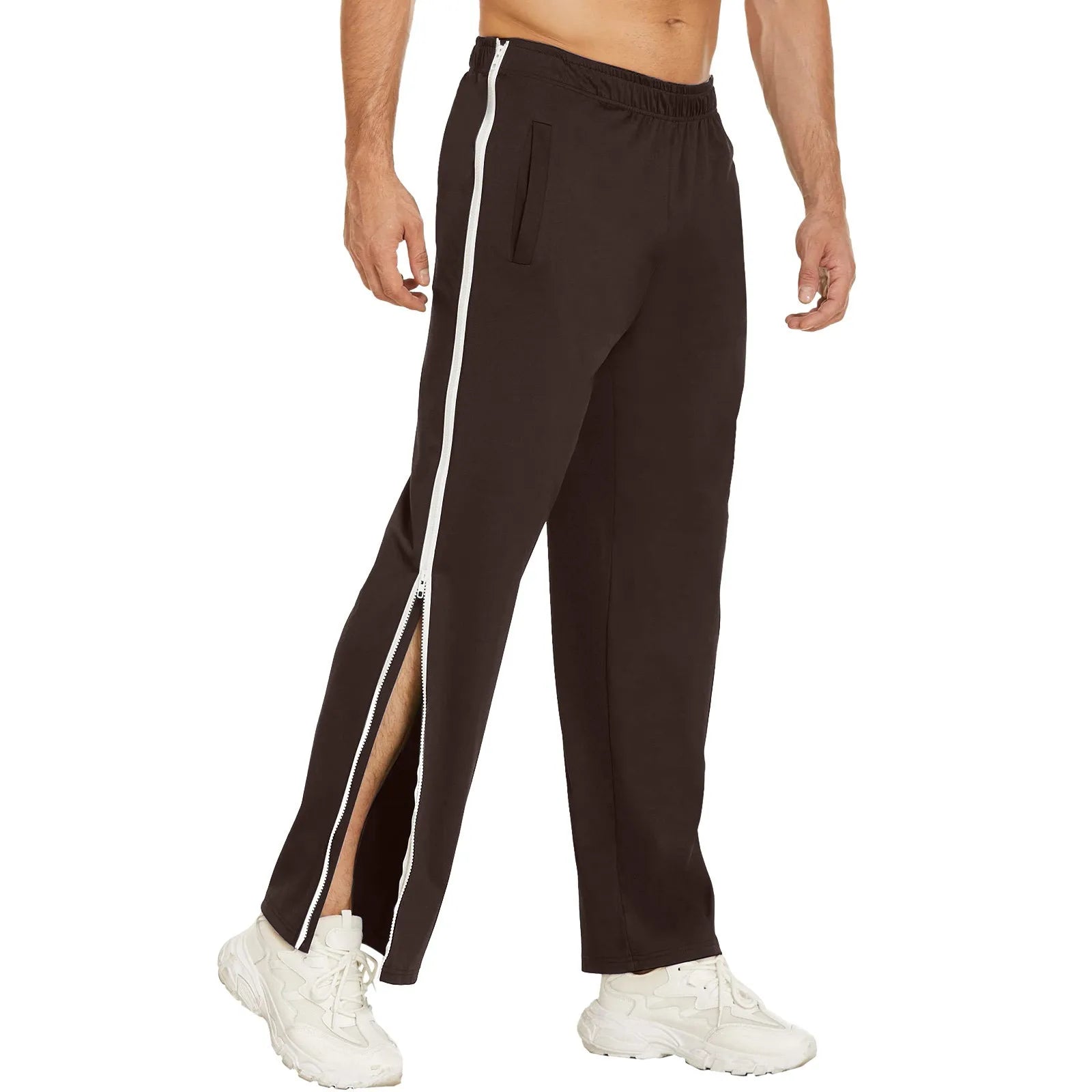 Men Sweatpants Elastic Waistband Pockets Splicing Color Mid-Rise Long Trousers Wide Leg Side Zipper Tear Away Basketball Pants