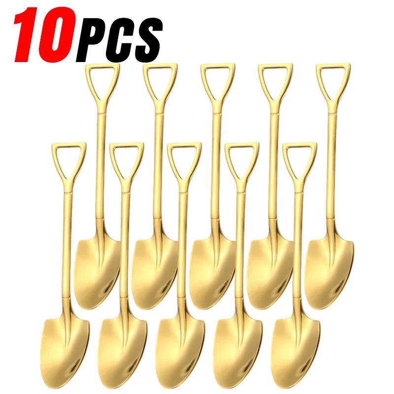 Stainless Steel Shovel Spoons Gold Silver Mini Coffee Teaspoon Fruit Ice Cream Dessert Spoon Scoops Kitchen Tableware Set 20/2Pc