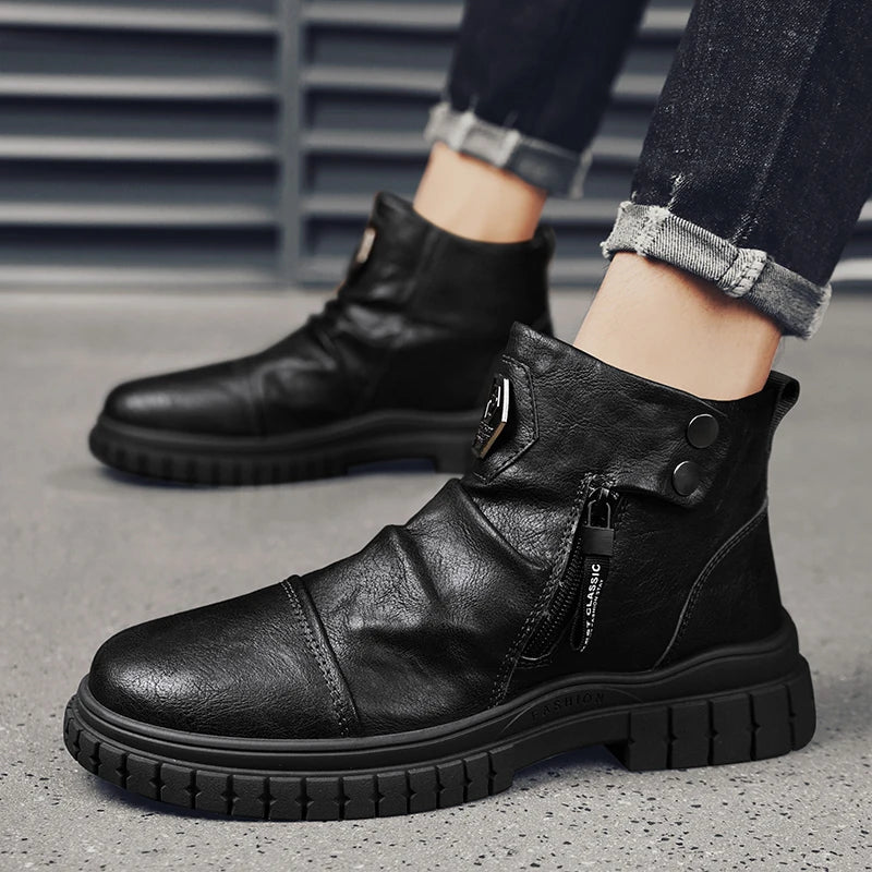 Fashion Mens Ankle Boots British Style High Top Casual Shoes Outdoor Walking Shoes Non-slip Work Boots Comfortable Leather Boots