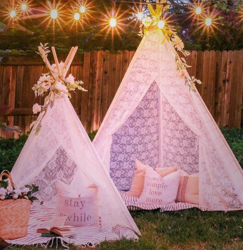 White Lace Teepee Tent for Kids Large Fairy Play House Indoor Wigwam Children Castle Wedding Party Photography Props Boho Decor