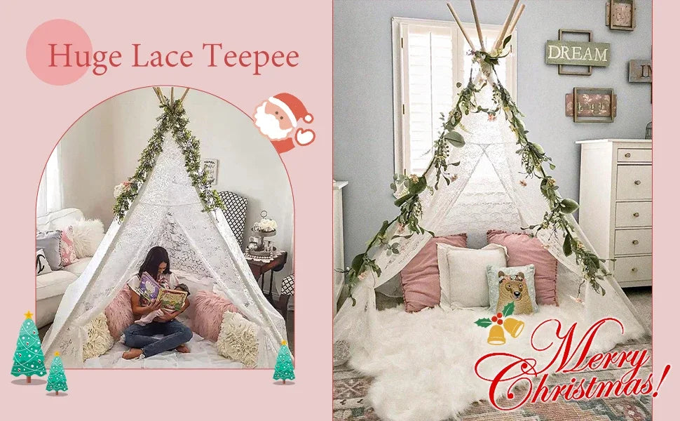 White Lace Teepee Tent for Kids Large Fairy Play House Indoor Wigwam Children Castle Wedding Party Photography Props Boho Decor