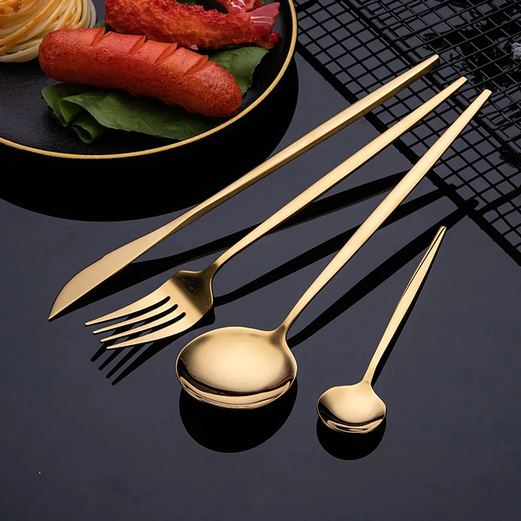 24Pcs Gold Tableware Sets Stainless Steel Cutlery Knife Tea Fork Coffee Spoon Flatware Dishwasher Safe Dinner Kitchen Dinnerware