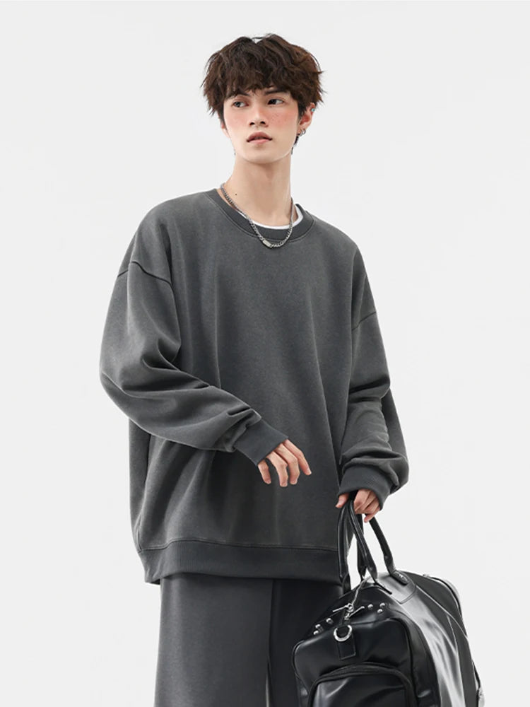 Men's Washed Faded Sweatshirts 330GSM Cotton Polyester O-Neck Knit Sports Pullover Tops Street Y2K Oversized Sweatshirts Unisex