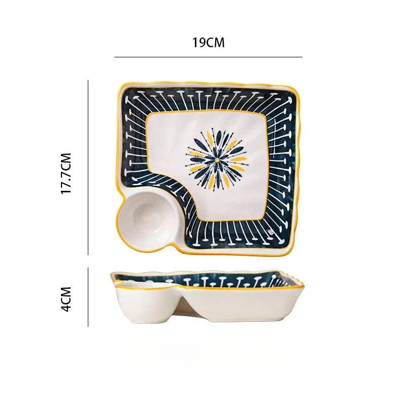 Dumpling Plate with Vinegar Dish Household Ceramic Plate Breakfast Compartment Plate High-Grade Dumpling