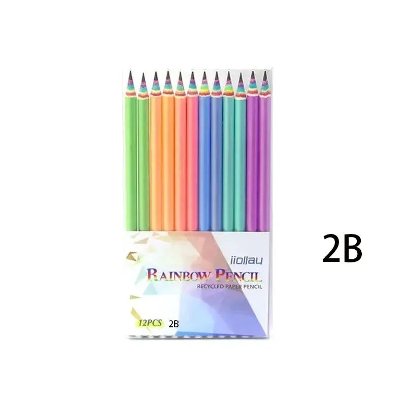 12 Rainbow Paper Pencil Set Children's Writing and Painting HB Professional Art Sketch Comic Pen Office School Supplies