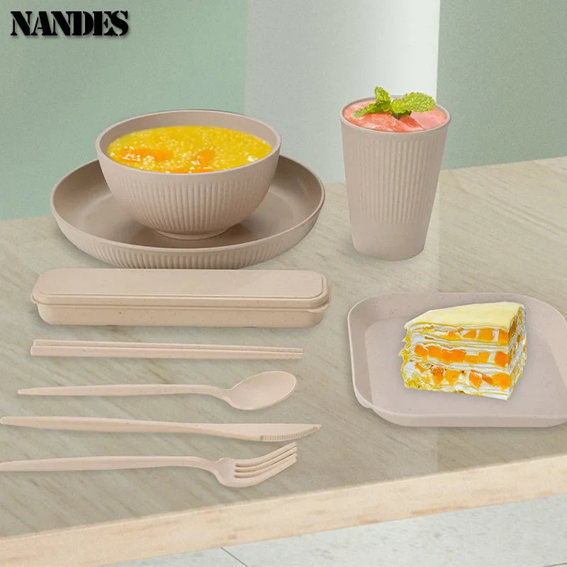 36pcs Plate Sets Wheat Straw Eco-Friendly Ramen Bowl Tableware Dinner Dishes Set Camping Tableware Set With Knife Fork Spoon