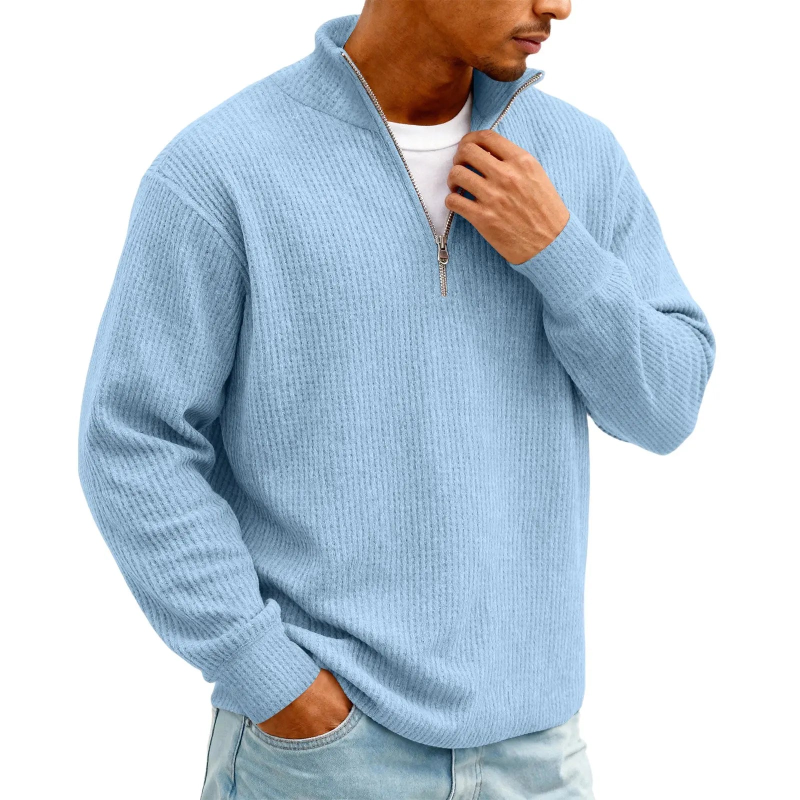 New Sweatshirts For Men Spring Waffle Long-sleeved T-shirt Men's Casual Loose Zipper Polo Collar Tees Tops Man Outwear