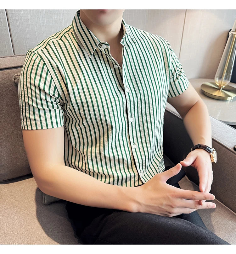 Men Striped Shirt 2026 Summer Light and Thin Breathable Sweat Absorbing Short Sleeved Slim Fit Casual Pleated Shirt Men Clothing