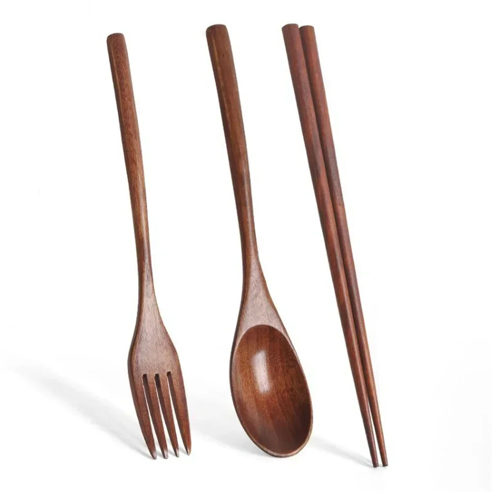 3 Piece Set Stainless Steel Cutlery Wooden Tableware Coffees and Teas Tableware Forks Spoon Korean Plates Dinner Sets Chopsticks