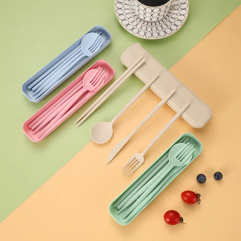 4-piece Portable Utensils, Healthy Eco-Friendly Wheat Straw Cutlery, Reusable Chopstick Fork Knife Spoon Set
