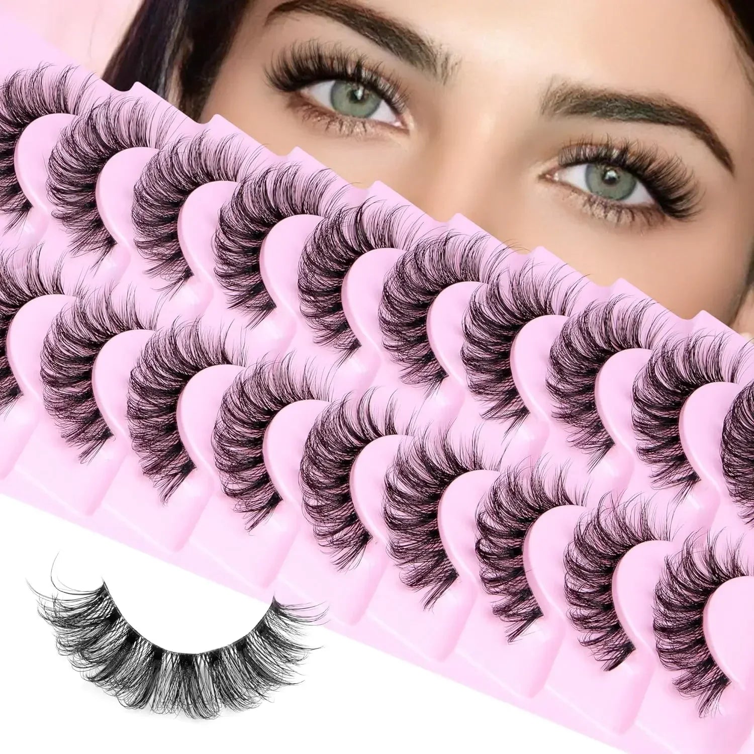 NEW 10 Pairs Natural Eyelashes Fluffy Lashes D Curl Eyelashes 3D Volume Wispy False Lashes Strips Clear Band Lashes Pack