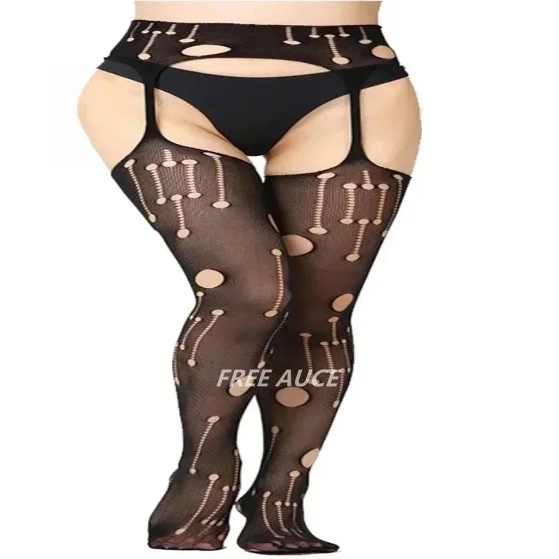 FREEAUCE Women Large Plus Size Stockings with Anti-slip Oversized Lace XXXL Thigh High Sheer Fishnet Black Long Knee Socks