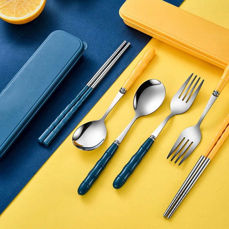 3pcs Portable Dinnerware Kit Spoon Fork Chopstick Set Travel Flatware With Box Set Stainless Steel Travelling Dinnerware Set
