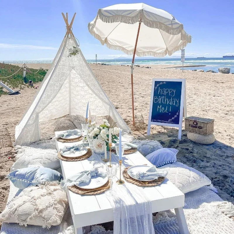 White Lace Teepee Tent for Kids Large Fairy Play House Indoor Wigwam Children Castle Wedding Party Photography Props Boho Decor
