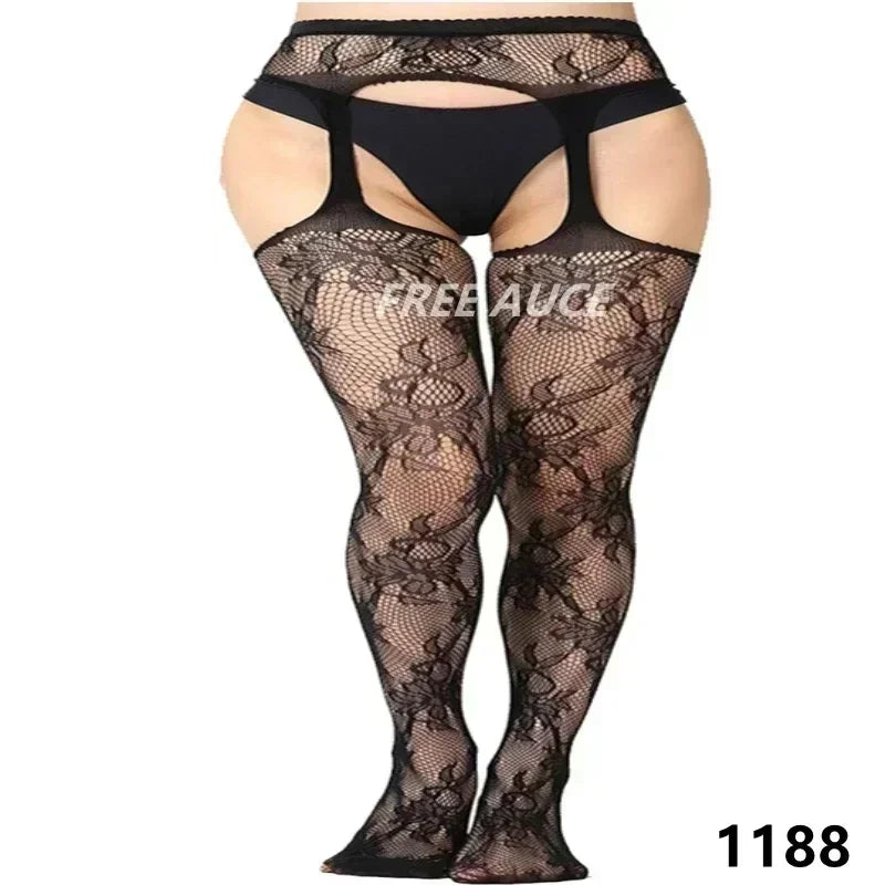 FREEAUCE Women Large Plus Size Stockings with Anti-slip Oversized Lace XXXL Thigh High Sheer Fishnet Black Long Knee Socks