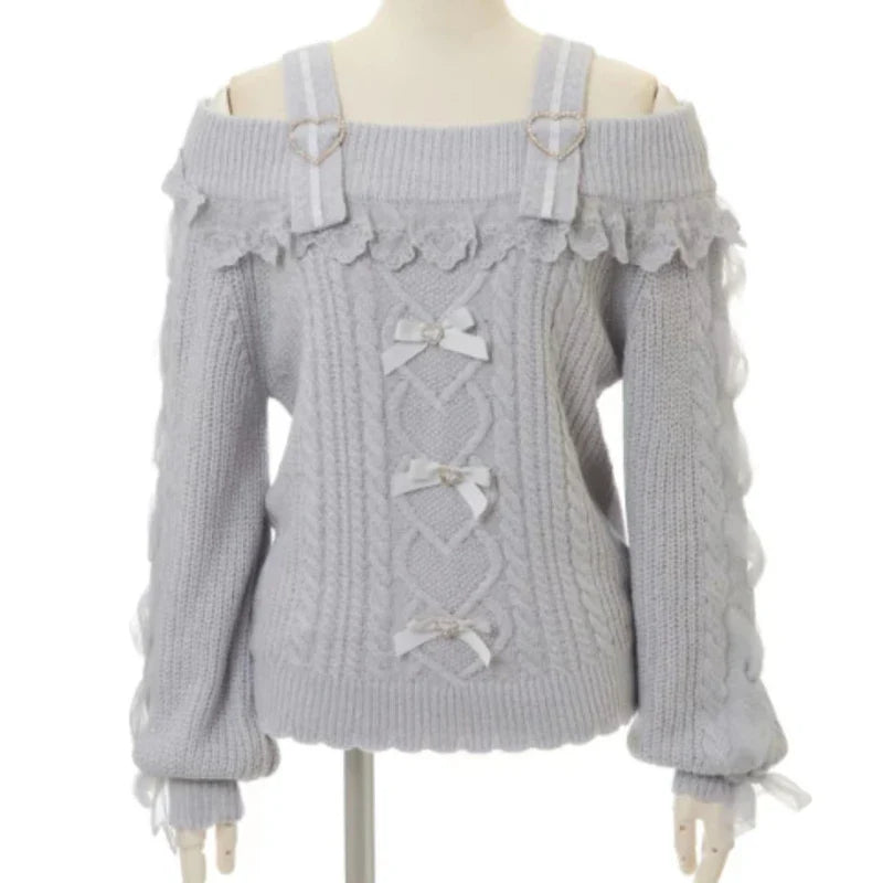 Vintage Sweet Lolita Style Knitted Pullover Autumn Girls Cute Off Shoulder Lace Ruffles Bow Sweater Women Harajuku Knitwear Tops