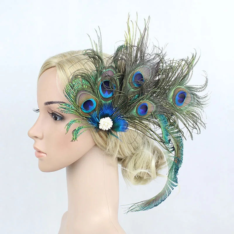 Hair Accessories For Women Girls Black Headband Rhinestone Sequin Vintage Party Headpiece Beaded Flapper Hair Feather Headband