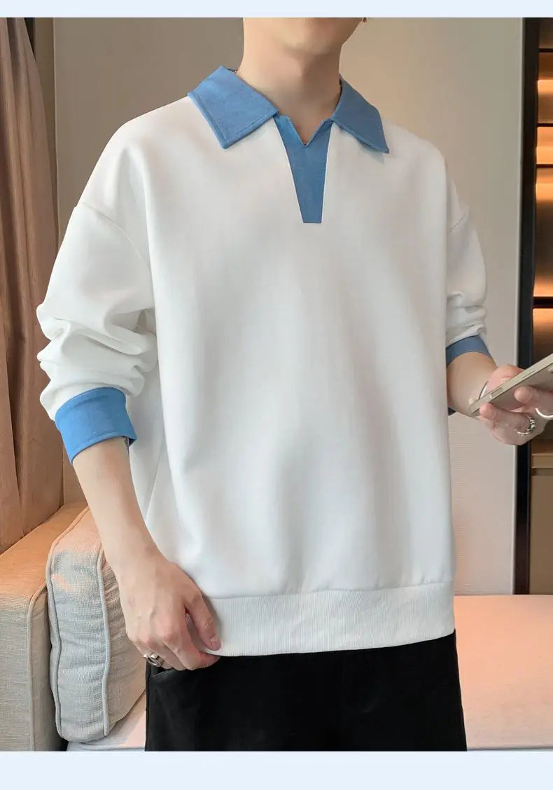 Men's Clothing Sweatshirts for Spring Autumn Two Pieces of Trendy Loose New Style Lapels Handsome Casual Long-sleeved Tops