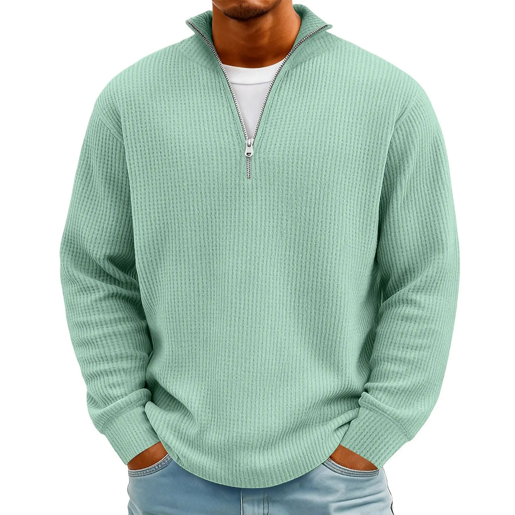 New Sweatshirts For Men Spring Waffle Long-sleeved T-shirt Men's Casual Loose Zipper Polo Collar Tees Tops Man Outwear