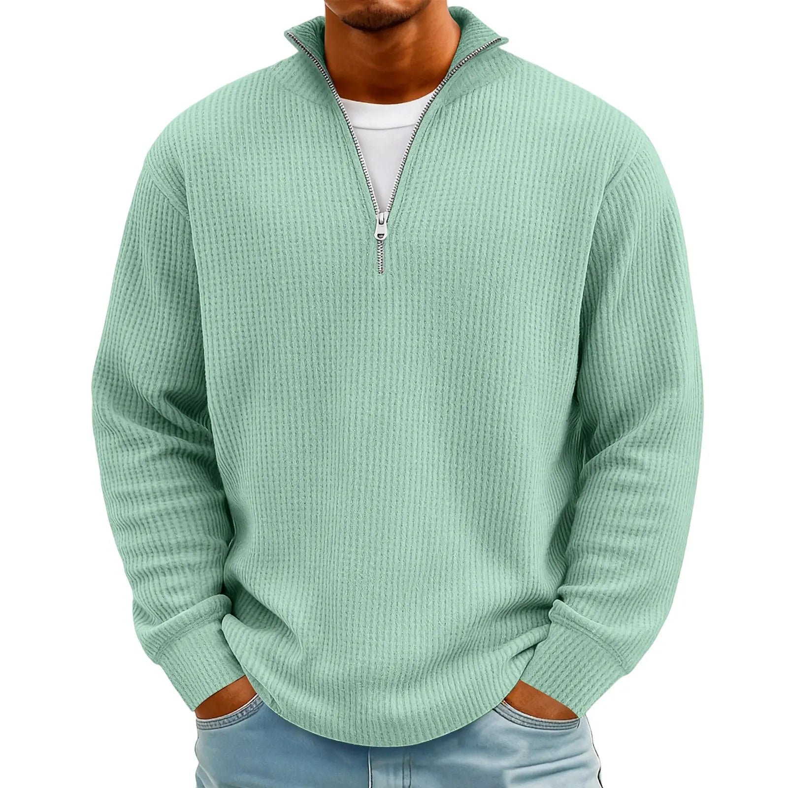 New Sweatshirts For Men Spring Waffle Long-sleeved T-shirt Men's Casual Loose Zipper Polo Collar Tees Tops Man Outwear