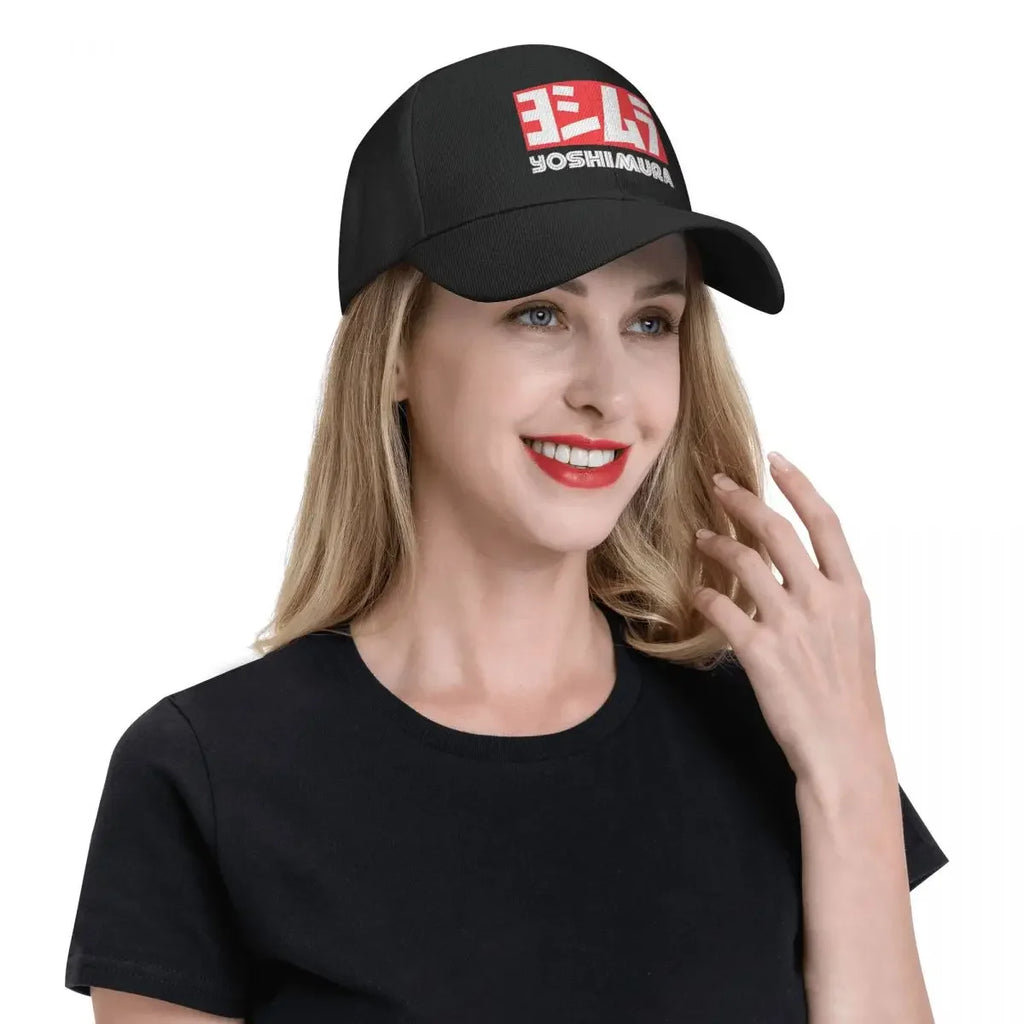 Yoshimura Motorcycle Racing Snapback Cap - Adjustable Black Baseball Hat with Bold Red & White Logo, Perfect for Sports Fans