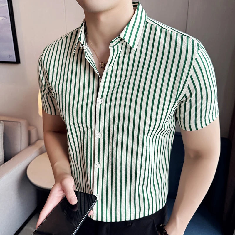 Men Striped Shirt 2026 Summer Light and Thin Breathable Sweat Absorbing Short Sleeved Slim Fit Casual Pleated Shirt Men Clothing